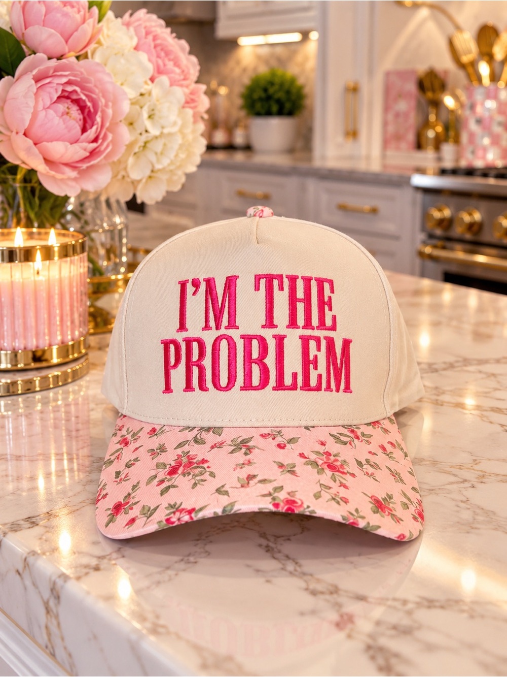 💕 I’M THE PROBLEM Floral Baseball Cap Pink Cream Snapback